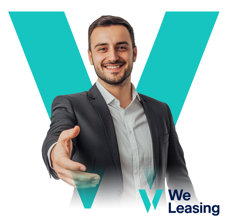 Hombre de negocios sonriendo y extendiendo la mano con fondo de We Leasing