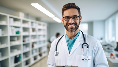 Profesional de la salud sonriendo en clínica, asociado a leasing de equipo médico con We Leasing